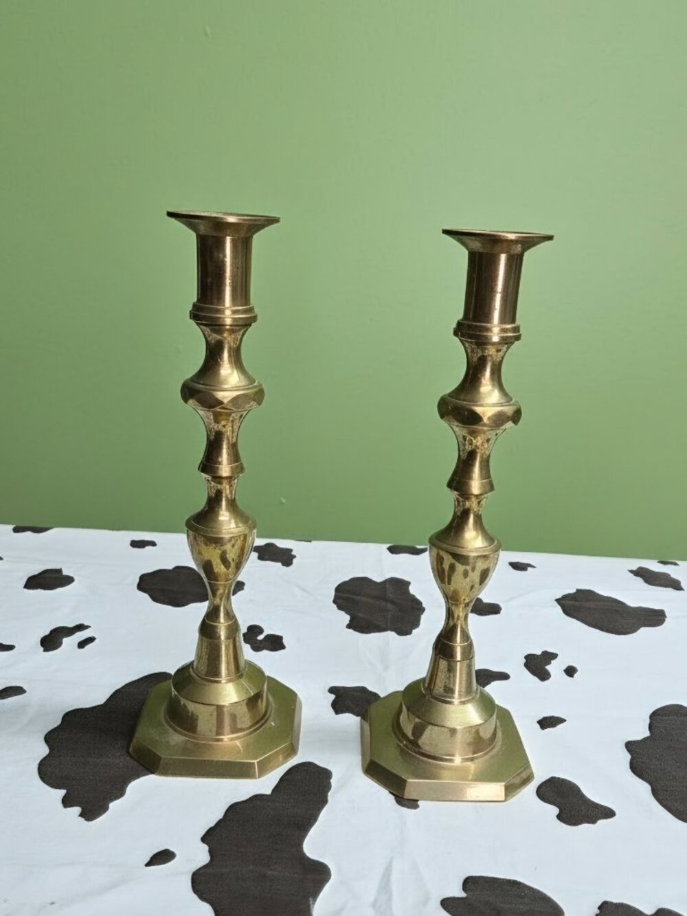 Vintage Solid Brass Candlestick Holders Pair Octagonal Base Turned Taper Holders